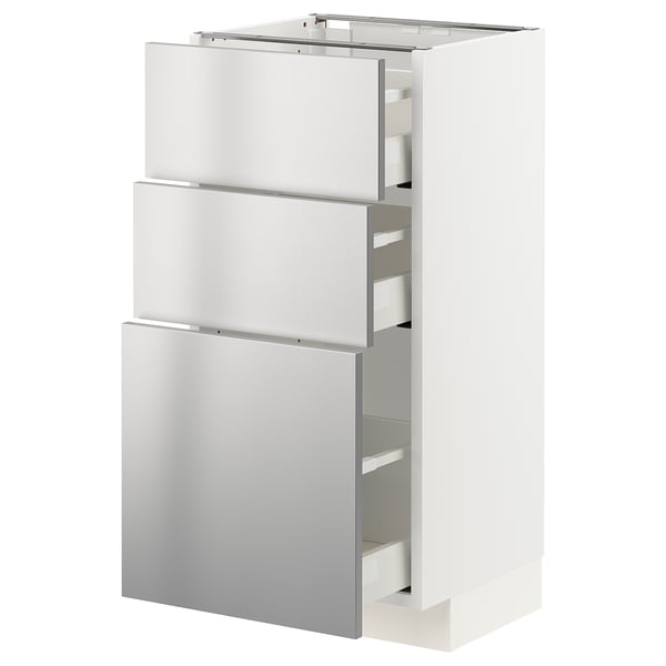 METOD / MAXIMERA Mobile base con 3 cassetti, bianco/Vårsta inox, 40x37 cm