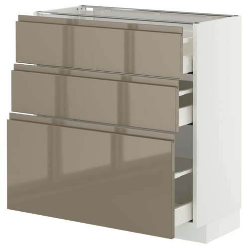 METOD / MAXIMERA Mobile base con 3 cassetti, bianco/Voxtorp grigio-marrone scuro lucido, 80x37 cm