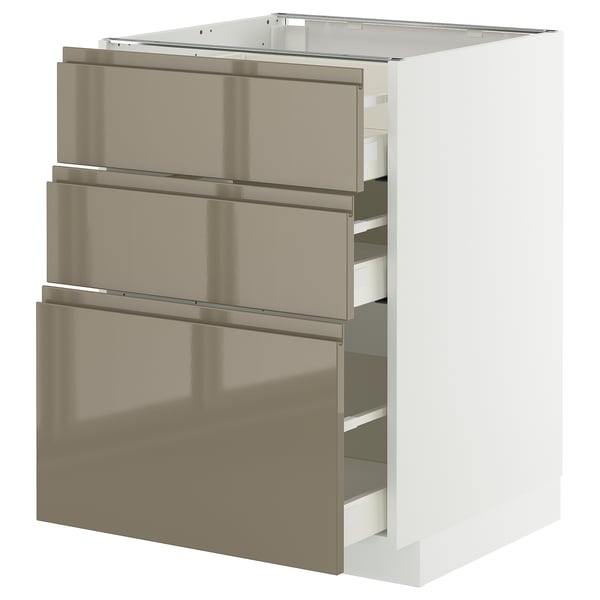 METOD / MAXIMERA Mobile base con 3 cassetti, bianco/Voxtorp grigio-marrone scuro lucido, 60x60 cm