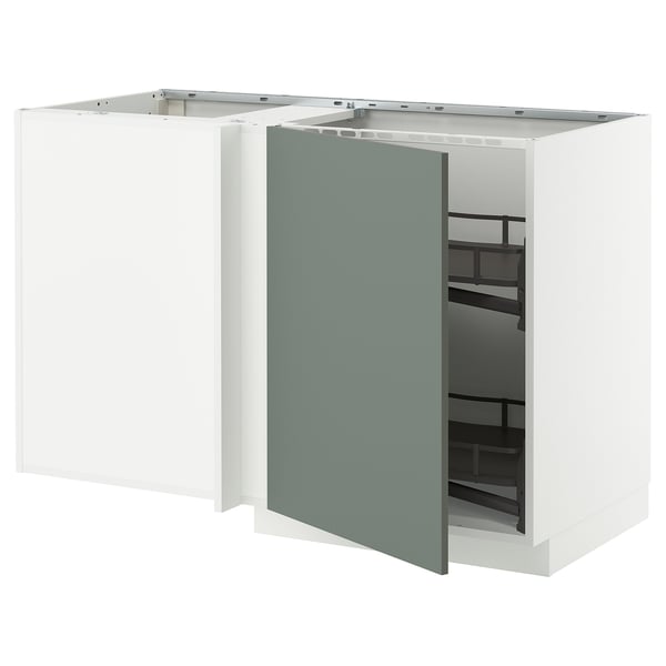 METOD Mobile base angolare/cestello estr., bianco/Nickebo grigio-verde opaco, 128x68 cm