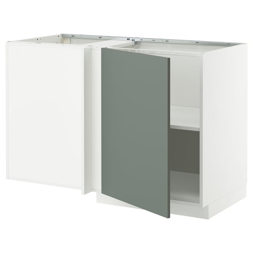 METOD Mobile base angolare con ripiano, bianco/Nickebo grigio-verde opaco, 128x68 cm