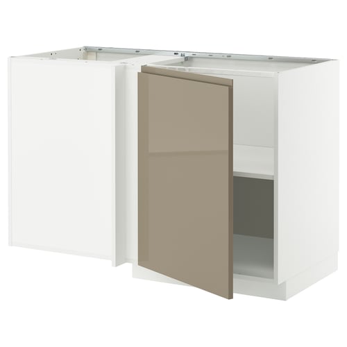 METOD Mobile base angolare con ripiano, bianco/Voxtorp grigio-marrone scuro lucido, 128x68 cm