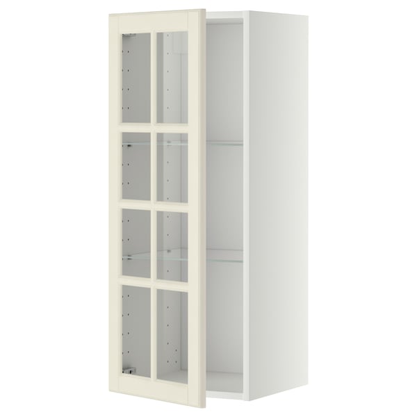 METOD Pensile con ripiani/anta a vetro, bianco/Bodbyn bianco sporco, 40x100 cm