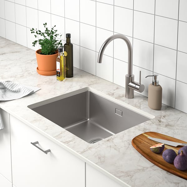 MÖCKLARP Piano di lavoro su misura, grigio/bianco sporco lucido effetto marmo/porcellana ad alta pressione, 1 m²x2.0 cm