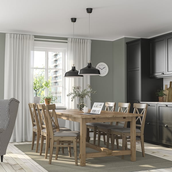 NORDVIKEN / INGOLF Tavolo e 6 sedie, mordente anticato/Nolhaga grigio-beige mordente anticato, 210/289 cm