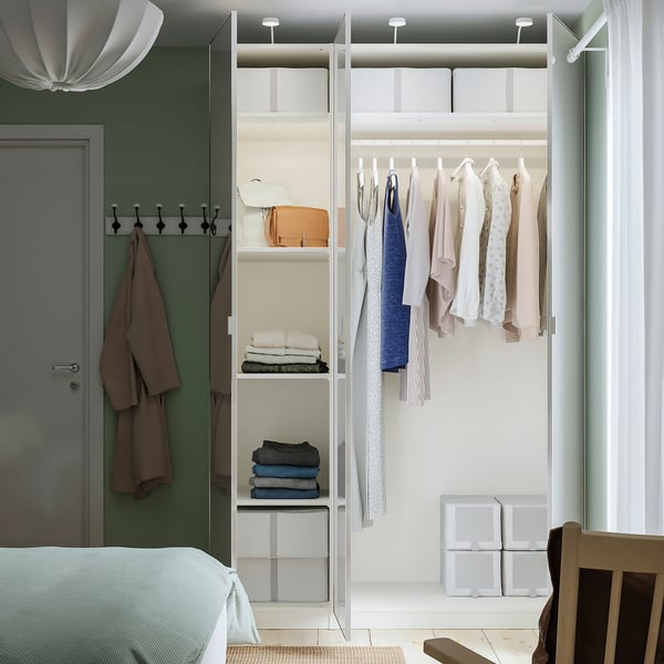 PAX / ÅHEIM Combinazione di guardaroba, bianco/vetro a specchio, 150x60x236 cm
