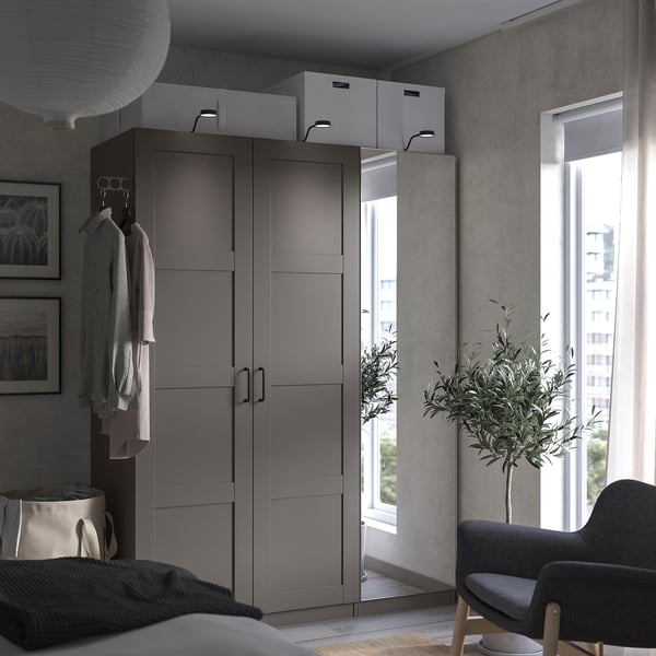 PAX / BERGSBO/ÅHEIM Combinazione di guardaroba, grigio scuro grigio scuro/vetro a specchio, 150x60x201 cm