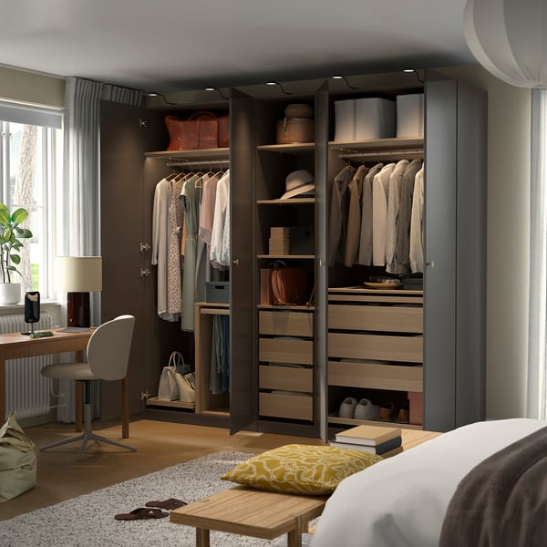 PAX / FORSAND Combinazione di guardaroba, grigio scuro/effetto rovere con mordente bianco grigio scuro, 250x60x236 cm