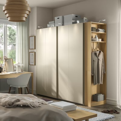 PAX / HASVIK Guardaroba con ante scorrevoli, grigio-beige grigio-beige/effetto rovere, 220x66x201 cm