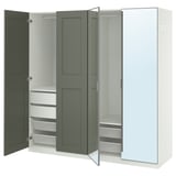 PAX / KAMMARTORP/GRIMO Combinazione di guardaroba, bianco vetro a specchio/grigio grigio-verde, 200x60x201 cm