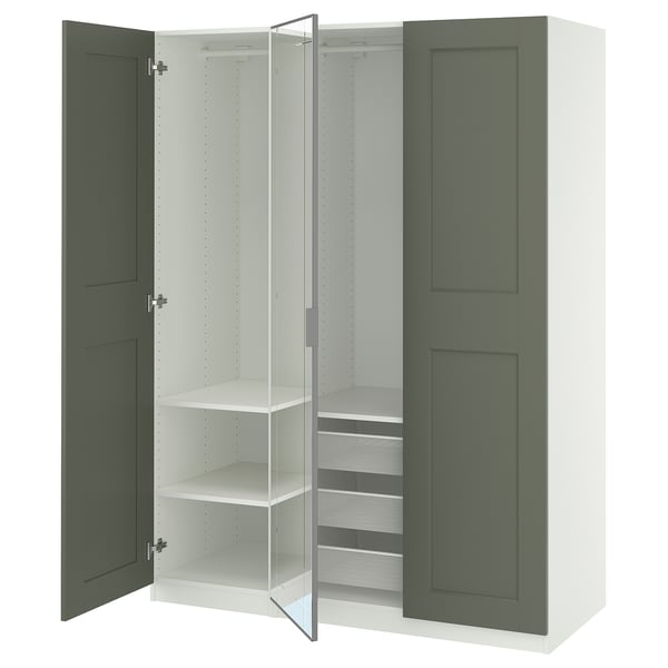 PAX / KAMMARTORP/GRIMO Combinazione di guardaroba, bianco vetro a specchio/grigio grigio-verde, 150x60x201 cm