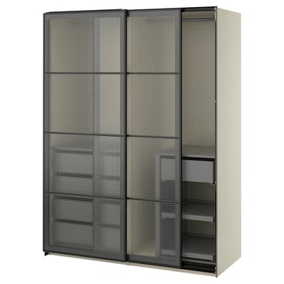 PAX / LUNDBRÄSMA Guardaroba con ante scorrevoli, grigio-beige nero/vetro a quadri grigio scuro, 150x66x201 cm