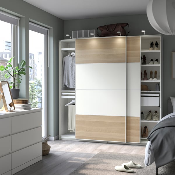 PAX / MEHAMN Combinazione di guardaroba, bianco double-face/bianco effetto rovere con mordente bianco, 200x43x201 cm