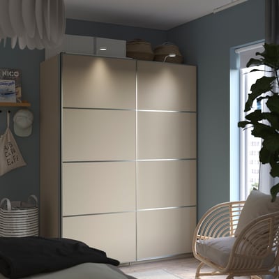 PAX / MEHAMN Guardaroba con ante scorrevoli, grigio-beige/double-face grigio-beige, 150x66x201 cm