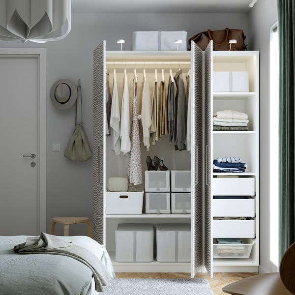 PAX / MISTUDDEN Combinazione di guardaroba, bianco/grigio fantasia, 150x60x201 cm
