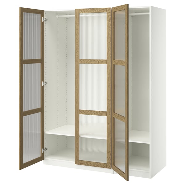 PAX / TONSTAD Combinazione di guardaroba, bianco/impiallacciatura di rovere vetro, 150x60x201 cm