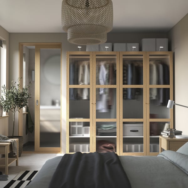 PAX / TONSTAD Combinazione di guardaroba, bianco/impiallacciatura di rovere vetro, 200x60x201 cm