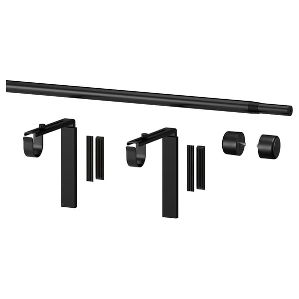 RÄCKA Combinazione di bastoni per tenda, con supporti da parete/soffitto/con terminali nero, 70-120 cm