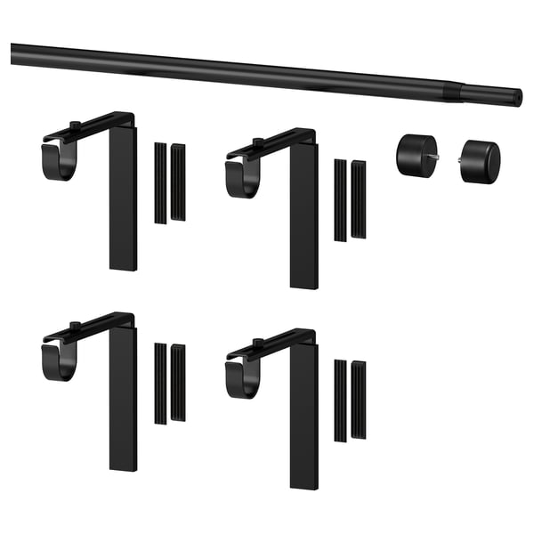 RÄCKA Combinazione di bastoni per tenda, con supporti da parete/soffitto/con terminali nero, 210-385 cm