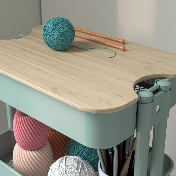 RÅSKOG / NORRÅVA Carrello con piano di copertura, turchese chiaro, 28x38x62 cm