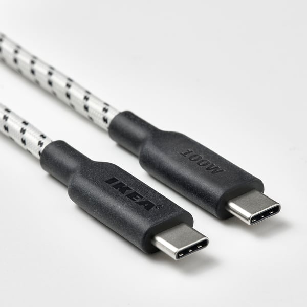 RUNDHULT Da USB-C a USB-C, nero/bianco, 1.5 m/100 W