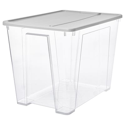 SAMLA Contenitore con coperchio, trasparente/grigio chiaro, 57x39x42 cm/65 l