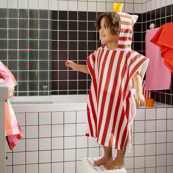 SKOGSSALLAT Poncho da bagno con cappuccio, rosso/bianco/a righe, 55x70 cm