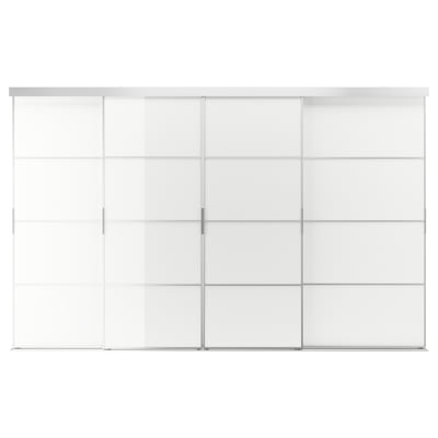 SKYTTA / FÄRVIK Combinazione ante scorrevoli, alluminio/bianco vetro, 326x205 cm