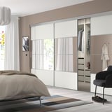SKYTTA / MEHAMN/AULI Combinazione ante scorrevoli, alluminio/bianco vetro a specchio, 351x205 cm