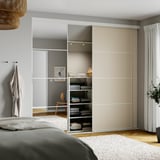 SKYTTA / MEHAMN/AULI Combinazione ante scorrevoli, bianco double-face/grigio-beige vetro a specchio, 251x240 cm