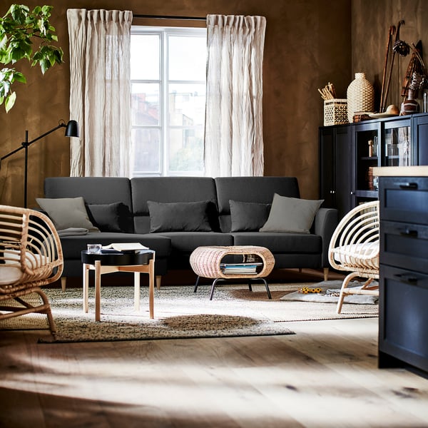 SLATORP Divano a 3 posti, con chaise-longue, sinistra grigio scuro