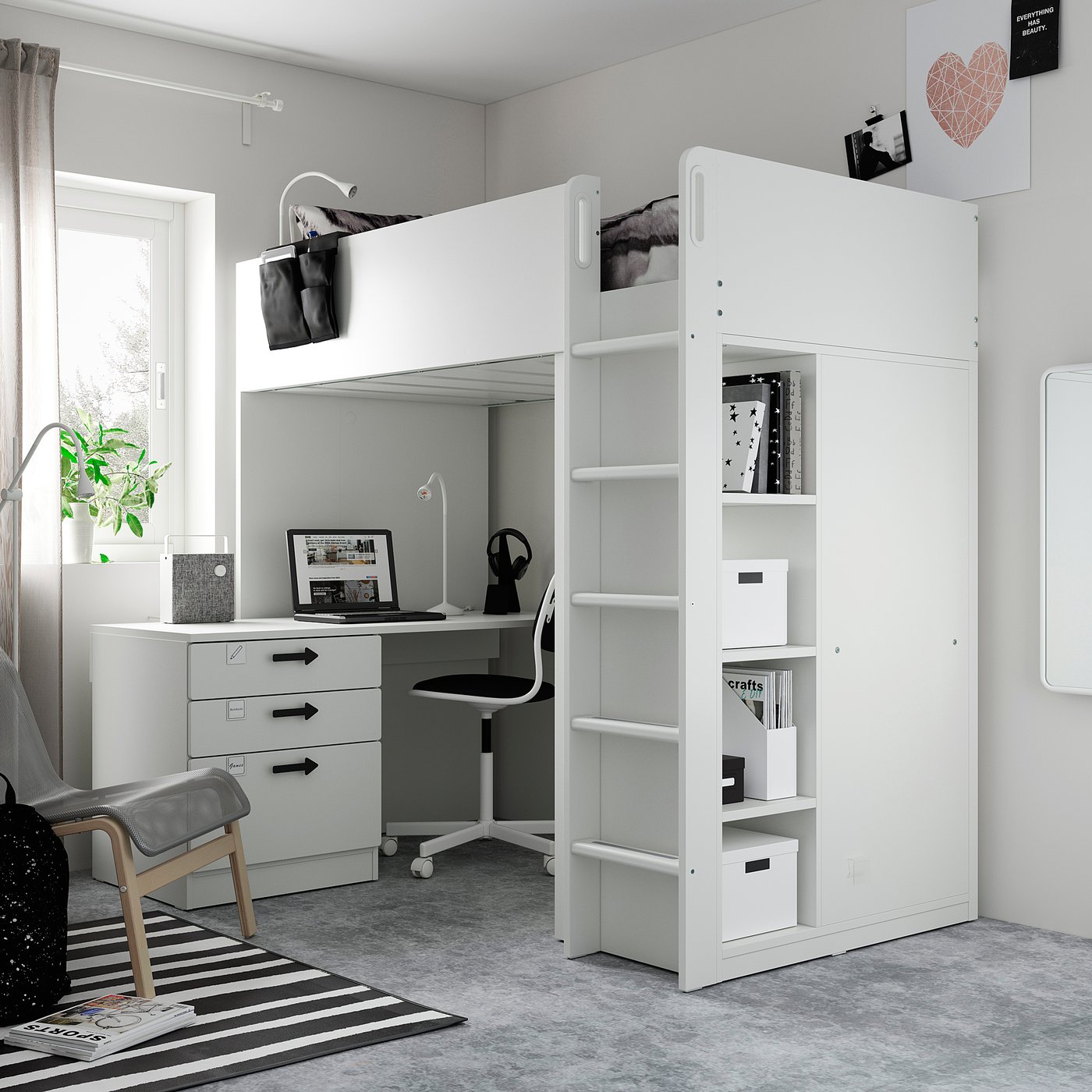 SMÅSTAD Letto a soppalco, bianco con cornice/con scrivania con 4 cassetti,  90x200 cm - IKEA Svizzera