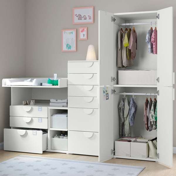 SMÅSTAD / PLATSA Combinazione di mobili, bianco bianco/con fasciatoio, 210x79x181 cm