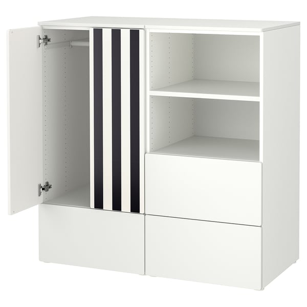 SMÅSTAD / PLATSA Combinazione di mobili, bianco nero/bianco/a righe con 3 cassetti, 120x57x123 cm