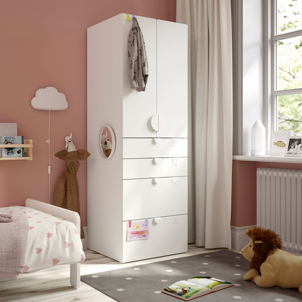 SMÅSTAD / PLATSA Guardaroba, bianco bianco/con 4 cassetti, 60x57x181 cm