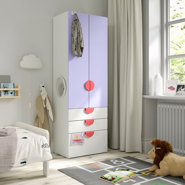 SMÅSTAD / PLATSA Guardaroba, bianco lilla/con 3 cassetti, 60x42x181 cm