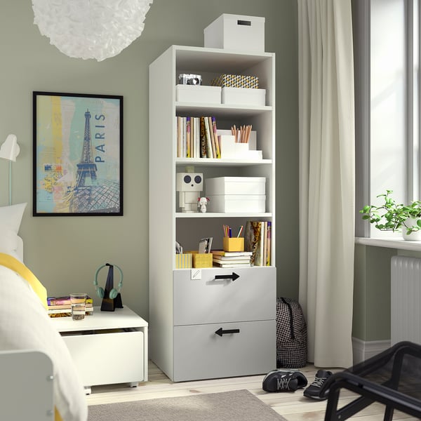 SMÅSTAD / PLATSA Libreria, bianco grigio/con 2 cassetti, 60x57x181 cm