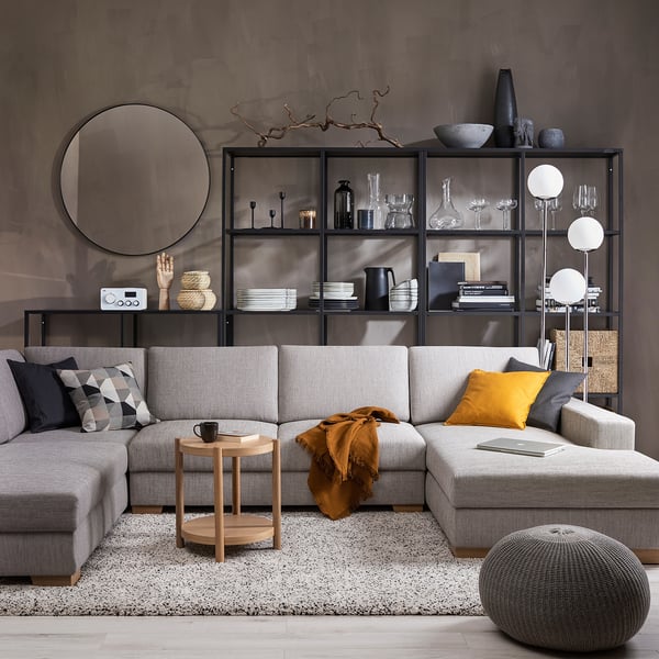 SÖRVALLEN Divano angolare a 4 posti, con chaise-longue, destra/Viarp beige/marrone