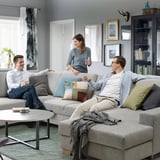 SÖRVALLEN Divano angolare a 5 posti, con chaise-longue, destra/Viarp beige/marrone