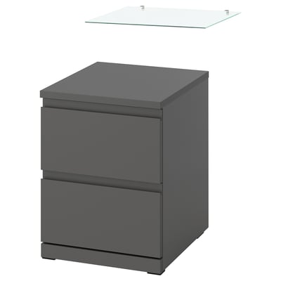 STORKLINTA Cassettiera con 2 cassetti, grigio scuro/con piano in vetro, 40x50x53 cm