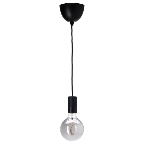 SUNNEBY / MOLNART Lampada a sospensione, nero/globo vetro trasparente grigio, 125 mm