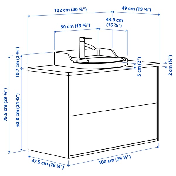 TÄNNFORSEN / RUTSJÖN Mobile lavabo/cassetti/lavabo/misc, bianco/bianco effetto marmo, 102x49x76 cm