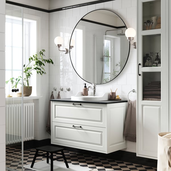 TÄNNFORSEN / RUTSJÖN Mobile lavabo/cassetti/lavabo/misc, bianco/nero effetto marmo, 102x49x76 cm