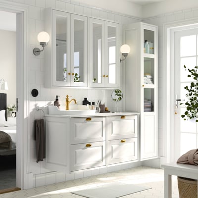 TÄNNFORSEN / RUTSJÖN Mobile lavabo/lavabo/miscelatore, bianco/bianco effetto marmo, 122x49x76 cm