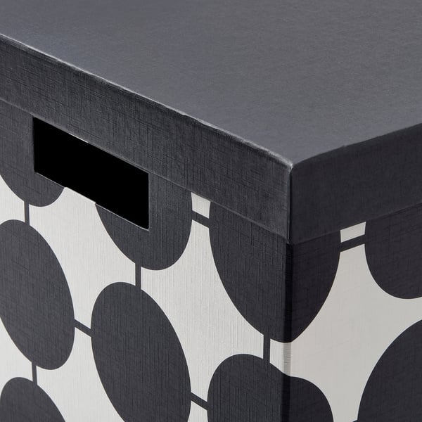 TJENA Scatola con coperchio, bianco nero/a pois, 25x35x20 cm