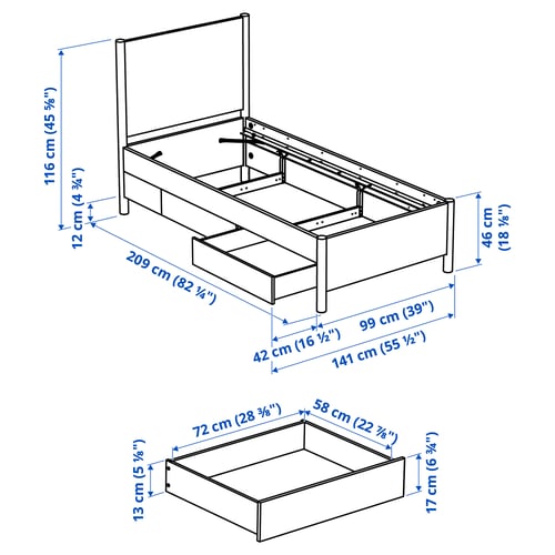 TONSTAD Struttura letto con cassetti, marrone impiallacciatura di rovere/mordente, 90x200 cm