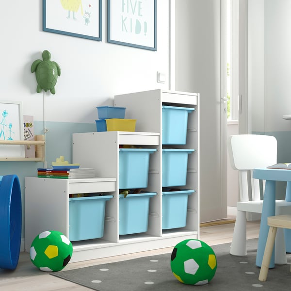 TROFAST Combinazione con contenitori, bianco/azzurro, 99x44x94 cm