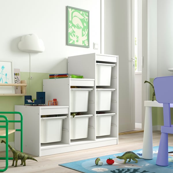 TROFAST Combinazione con contenitori, bianco/bianco, 99x44x94 cm