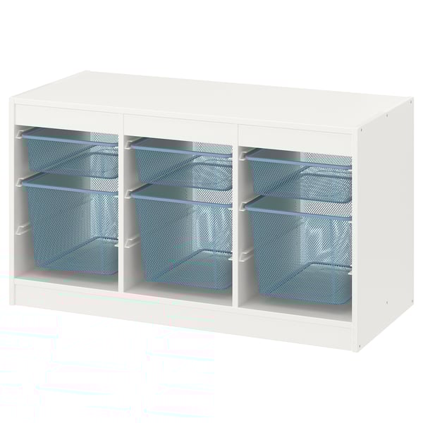 TROFAST Combinazione con contenitori, bianco/grigio-blu, 99x44x56 cm