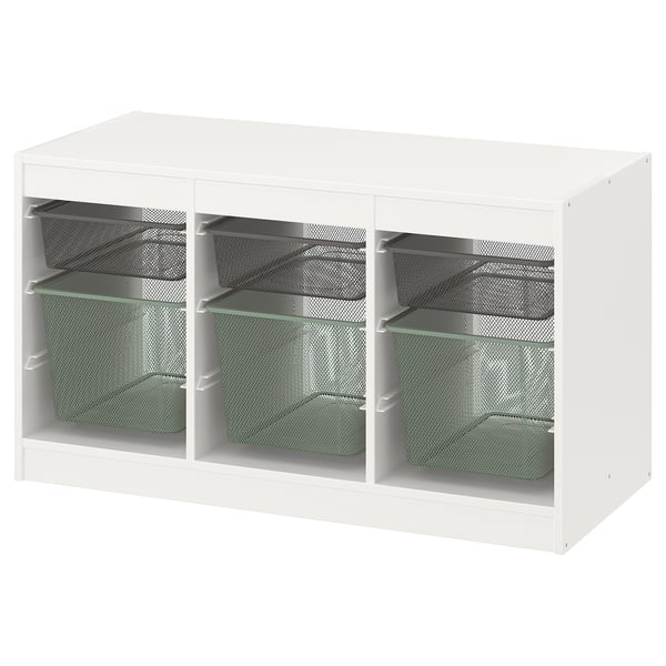 TROFAST Combinazione con contenitori, bianco grigio scuro/verde chiaro-grigio, 99x44x56 cm